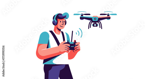 Drone Operator Controlling Modern Unmanned Aerial Vehicle With Controller Illustration