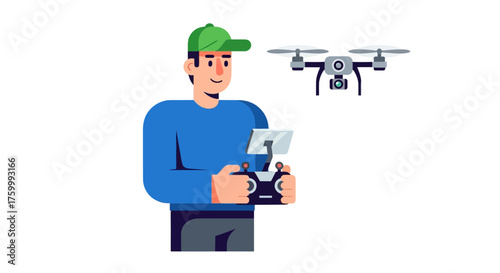 Drone Operator Holding Remote Control Operating Drone Against Black Background Illustration