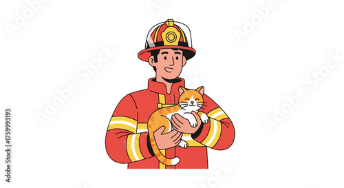 Firefighter Holding a Happy Cat, Symbolizing Safety, and Compassion, in Vector Graphics