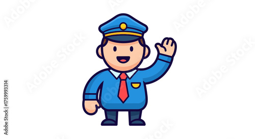 Friendly Cartoon Police Officer Waving Hand Symbolizing Security and Good Greetings