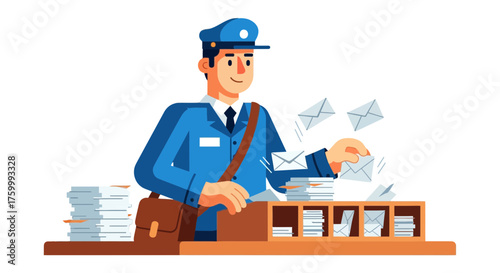 Friendly Postal Worker Sorting Letters and Delivering Mail to Customers Professionally