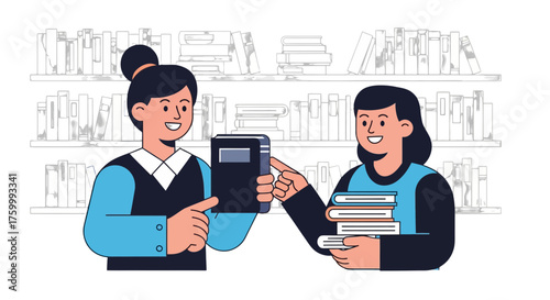 Friendly Librarians Share Books, Discussing Authors And Reading In Library Setting