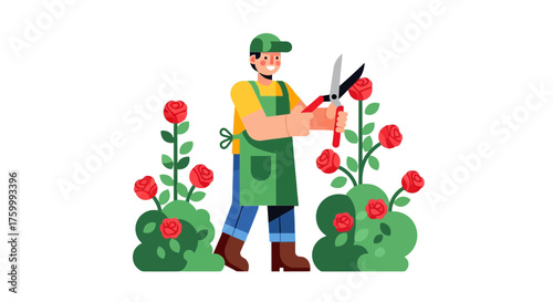 Gardener Crafting a Rose Garden Composition in a Simple And Animated Illustration Style