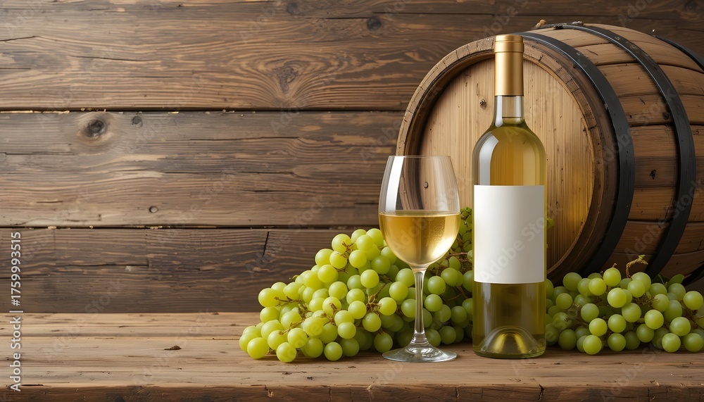 Fototapeta premium White wine bottle and glass with green grapes and wooden barrel on rustic background, vineyard harvest concept, elegant wine tasting and winemaking composition for winery or restaurant theme