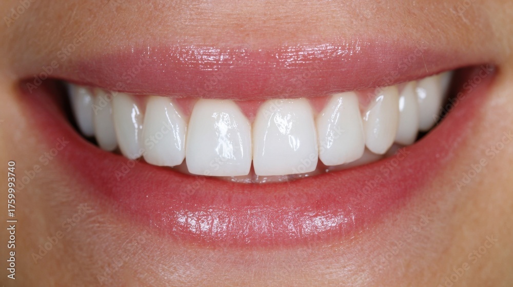 Fototapeta premium A woman's mouth is shown with her teeth showing. The teeth are white and the gums are pink. The woman has a bright, happy smile