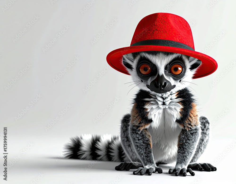 Naklejka premium Lemur wearing red fedora hat