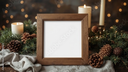 Fototapeta Naklejka Na Ścianę i Meble -  A warm, inviting display with a wooden frame, candles, pine cones, and a festive ambiance.