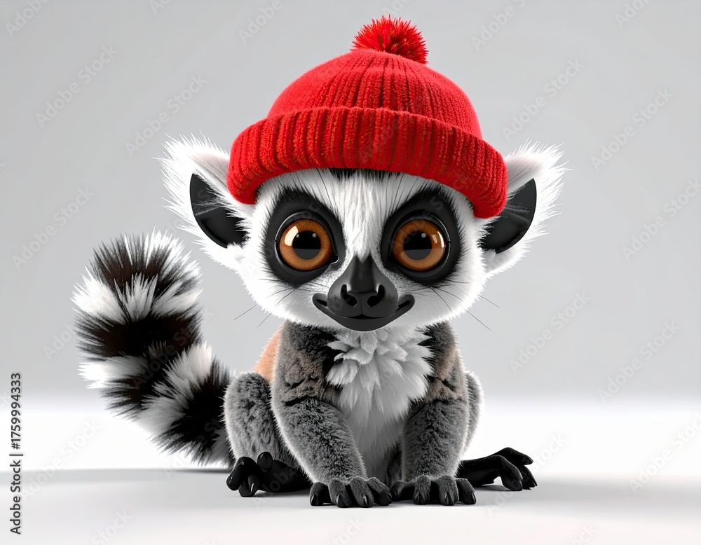 Obraz premium Lemur wearing red knit hat
