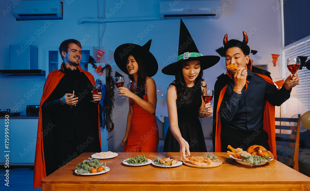 Obraz premium Joyful office Halloween party with coworkers in costumes, celebrating with drinks and laughter, fostering teamwork and festive spirit