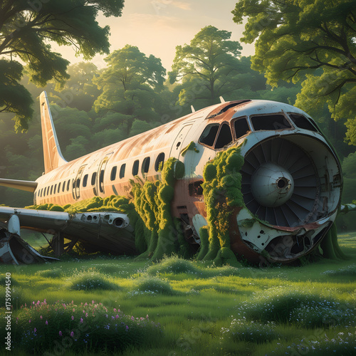 Wallpaper Mural This image depicts a large, abandoned passenger airplane wreck, heavily overgrown with lush green vegetation, resting in a grassy forest clearing. The aircraft is severely rusted and dilapidated, with Torontodigital.ca