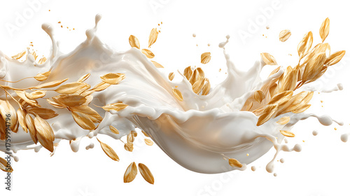 Creamy milk splash with flying golden oats for breakfast concepts and design