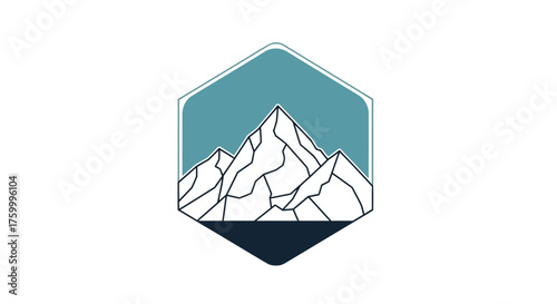 Geometric Mountain Range Emblem in Hexagon Shape with Teal and White on Black Background