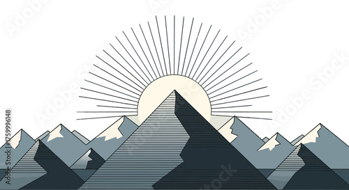 Geometric Mountain Range Silhouette With Rising Sun Abstract And Beautiful Illustration