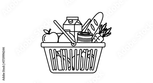 Grocery Basket Filled With Daily Purchases Isolated On Black Background Simply Outlined