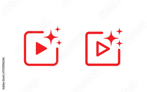 Two glowing red play buttons with sparkling stars isolated on transparent background