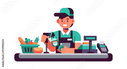 Grocery Clerk Scanning Produce At The Checkout With Fresh Food Items Smiling