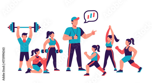 Group Fitness Training With Coach and Diverse Exercising Individuals