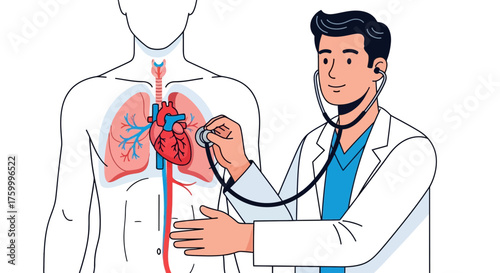Heart Checkup: Doctor Auscultating Patient's Chest with Anatomy Illustration