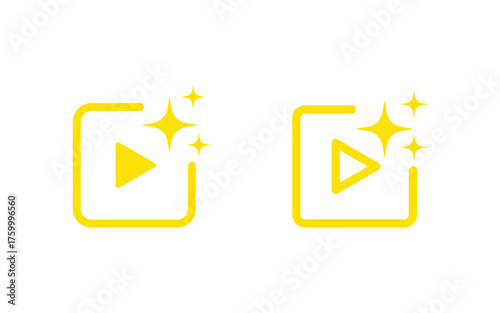 Two bright yellow play buttons with sparkling stars inside rounded square frames isolated on transparent background