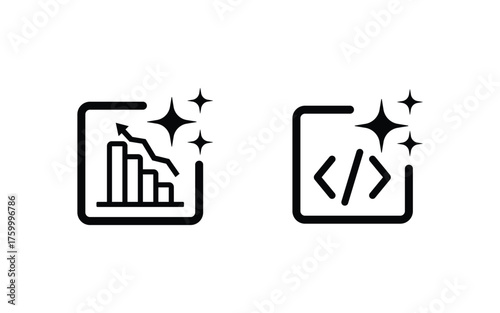 Two black icons representing financial data analysis and coding programming on transparent background
