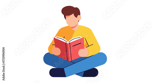 Illustrated Person Absorbed In Reading Book, Sitting With Crossed Legs On Black Background