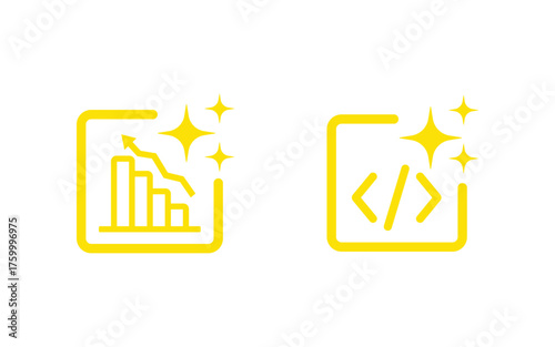 Two yellow outlined icons representing data analysis and coding with sparkling highlights isolated on transparent background