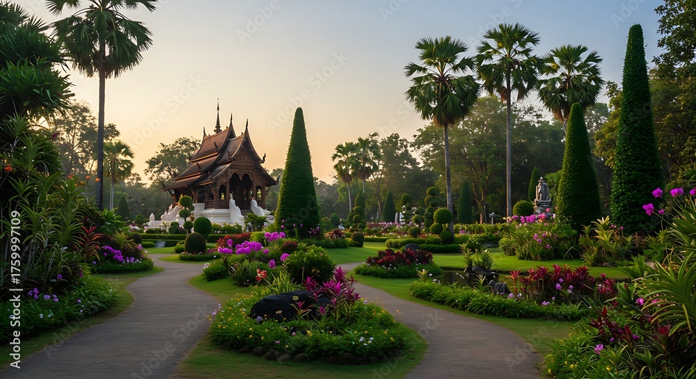 Obraz premium Tranquil garden landscape featuring trees pathways and architectural structures