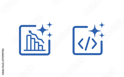 Two glowing blue outline icons representing data analysis and coding on transparent background