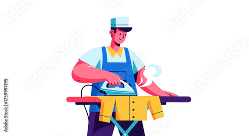 Illustration Of A Professional Ironing Clothes On An Ironing Board With Cleanliness