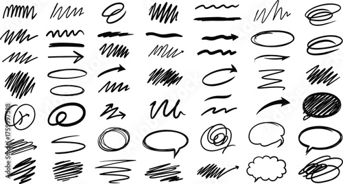 Hand-drawn doodle elements, arrows, scribbles, speech bubbles, abstract shapes, black ink sketch, white background, expressive design set