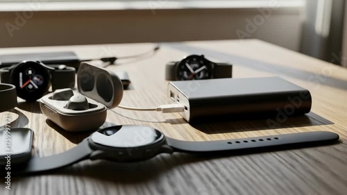 A variety of smart devices arranged on a wooden table, showcasing tech and design