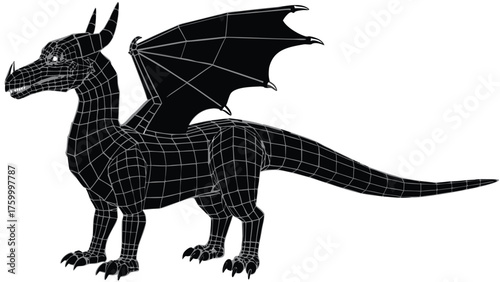 A funny cartoon vector illustration of a happy dragon silhouette on a black background in the night