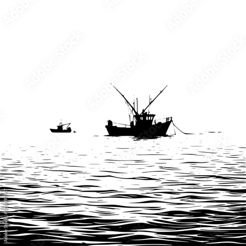 Silhouette fishing boat on the ocean vector art black and white design sea