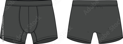 Boxer briefs, fashion sketch, technical illustration, men's underwear, contoured pouch, elastic waistband, stitching detail, front view, back view, garment design