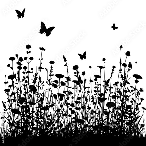 Silhouette meadow with butterflies vector graphic nature illustration