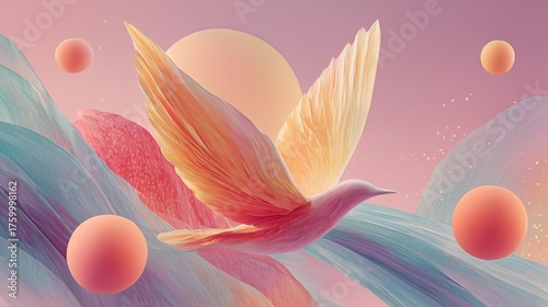 Colorful abstract dove soaring surreal landscape with pastel spheres and waves