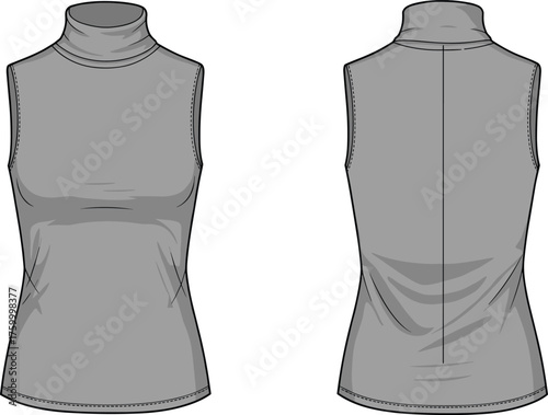 Sleeveless turtleneck top, fashion sketch, technical drawing, high neckline, contour lines, fitted silhouette, garment design, apparel illustration, sewing pattern, minimalist style