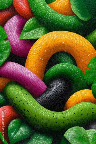 Vibrant mosaic of colorful snakes intertwined with lush green foliage