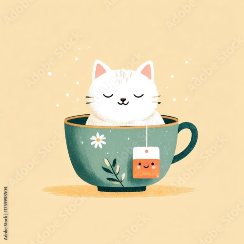 Adorable white cat relaxing in green teacup with smiling teabag illustration