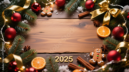 Christmas flat lay on rustic wood with copy space and 2025 digits