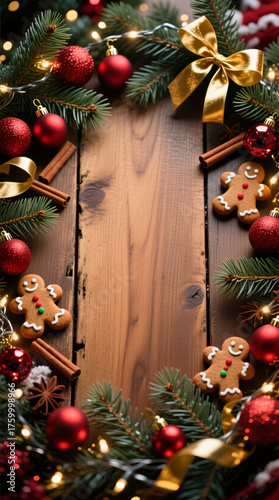 Vertical christmas border on rustic wood with gingerbread and red ornaments