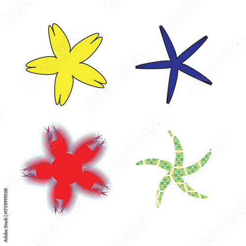 A colorful set of star, starfish, and seashell vector icons with abstract shapes for summer sea nature design.