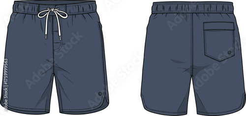 Drawstring shorts, fashion sketch, technical illustration, casual design, elastic waistband, flap pocket, stitching detail, front view, back view, garment blueprint