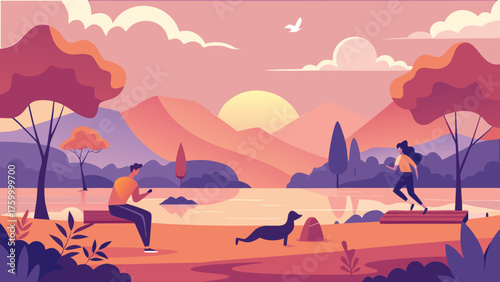 A serene evening at the lake a man relaxes on a bench, a woman jogs, and a dog plays, all bathed in the warm glow of the setting sun