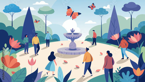 A tranquil garden scene people stroll around a fountain, surrounded by flowers and butterflies, creating a peaceful and enchanting atmosphere