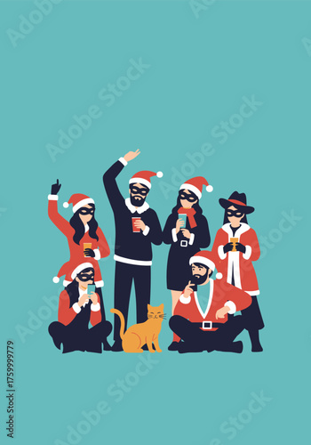 A group of friends in santa hats and masks enjoying a christmas party together with a cat.