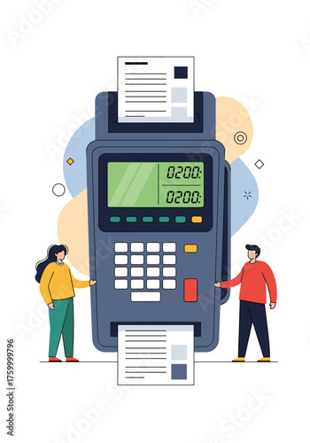 Two people standing next to a large electronic payment terminal with printed receipts showing.