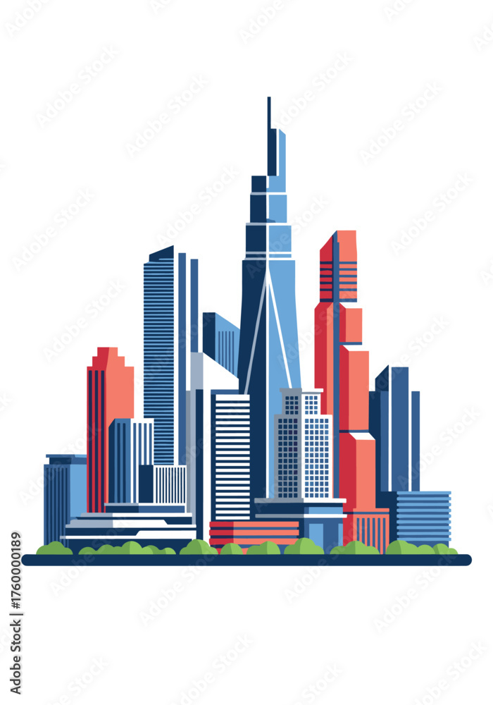 Obraz premium Modern cityscape featuring a cluster of tall skyscrapers with varied architectural designs.