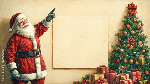 Santa claus pointing at blank sign next to decorated christmas tree