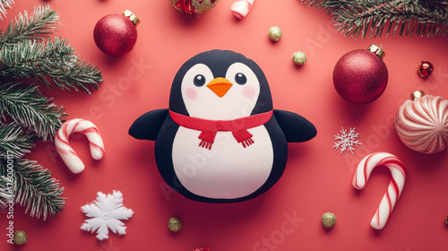 Cute christmas penguin plush toy with candy canes and festive decor
